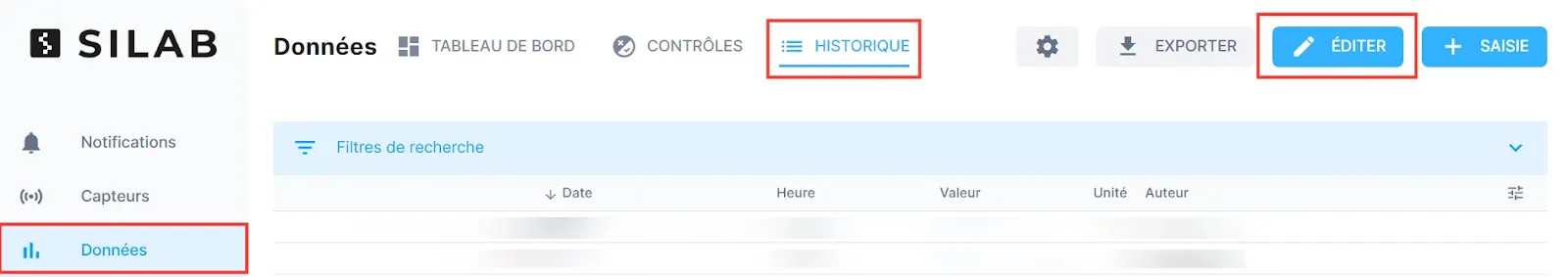 Bouton Éditeur dans l’historique des données