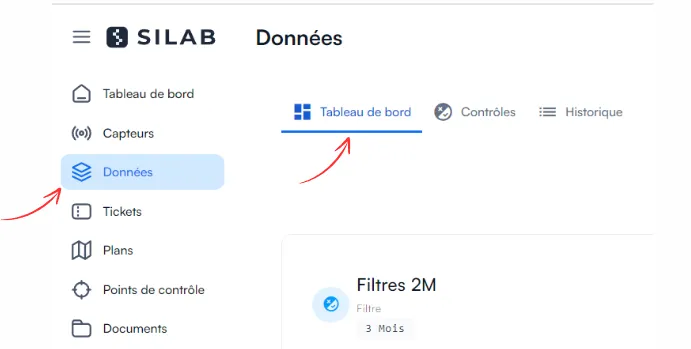 Tableau de bord de la section Données