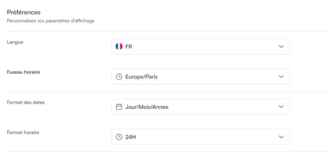 Réglages de format de date, d’heure et de fuseau horaire