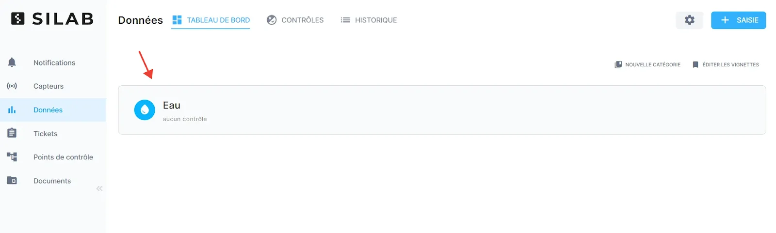 Exemple de catégorie Eau sur le tableau de bord