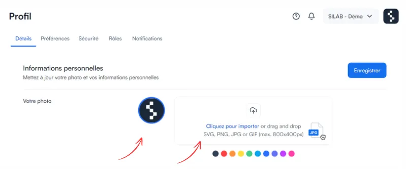 Options pour changer ou supprimer la photo de profil