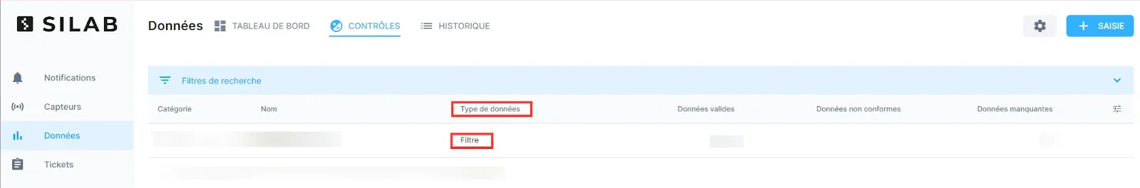 Choix de la catégorie de donnée Filtre
