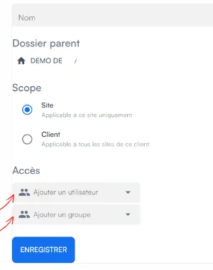 Accès des utilisateurs et groupes au dossier